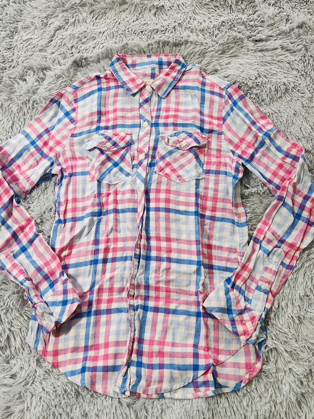 Abercrombie & Fitch Pink, Blue and White Plaid Button Down Long Sleeve Shirt
